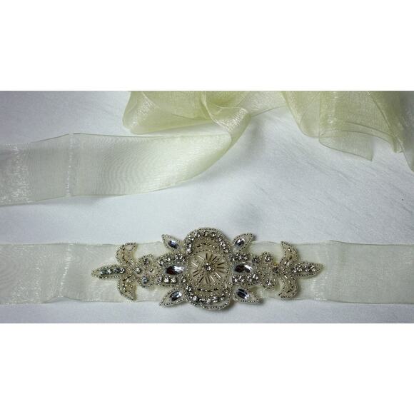 Ivory Organza Rhinestone Beaded Bridal Party Formal Prom Gown Dress Belt Sash - Picture 1 of 4